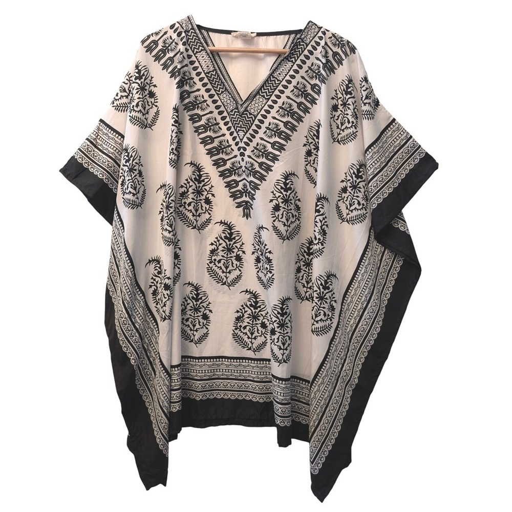 Gypsie Blu Black White Floral Kaftan Top One Size V-Neck Boho Tunic Beach Cover
